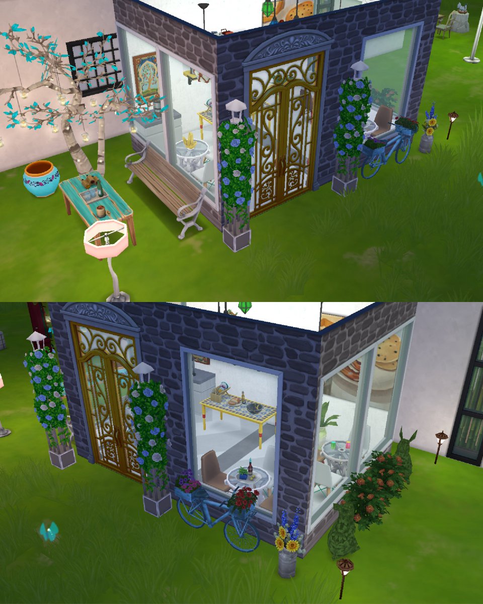 vevpeach's tweet photo. I'm late but this is my room for #TSMCarpetChallenge 🥰 it's a small and cozy boutique coffee shop☕✨💖 I decorated a bit of outer too🤭 #TheSimsMobile https://t.co/7WTPDQONbP