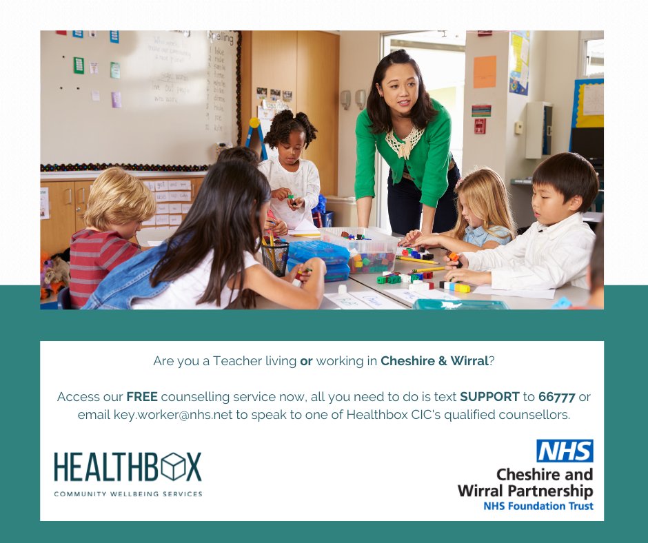 If you are a teacher, living or working in Cheshire and Wirral then free, confidential mental health support is available via <a href="/HealthboxCIC/">Healthbox CIC</a> #youarenotalone #mentalhealth

Text: SUPPORT to 66777 or email key.worker@nhs.net to speak to a qualified counsellor