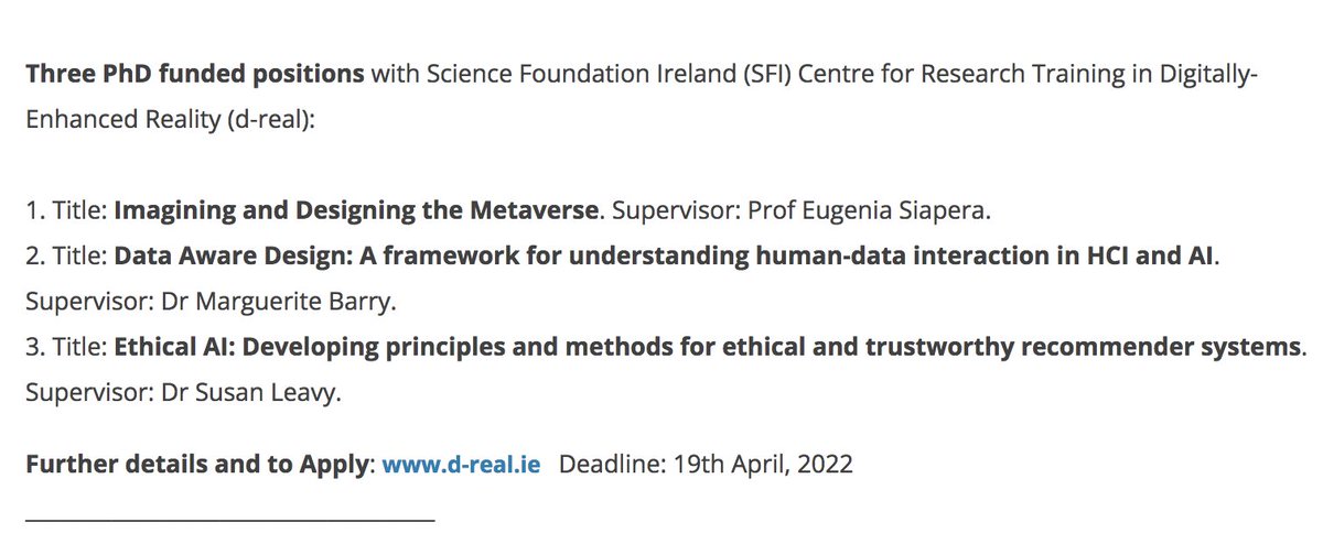 UCD_iSchool's tweet photo. 📢 3 PhD funded postitions 👇
ℹ️Details and to Apply: https://t.co/6k3EFJURcJ
🗓️Deadline 19th April
#PhD #phdpositions #UCD #SFI #D_REAL #HCI #Metaverse #AI #HCD @marguerade https://t.co/96f4RIM7Fr
