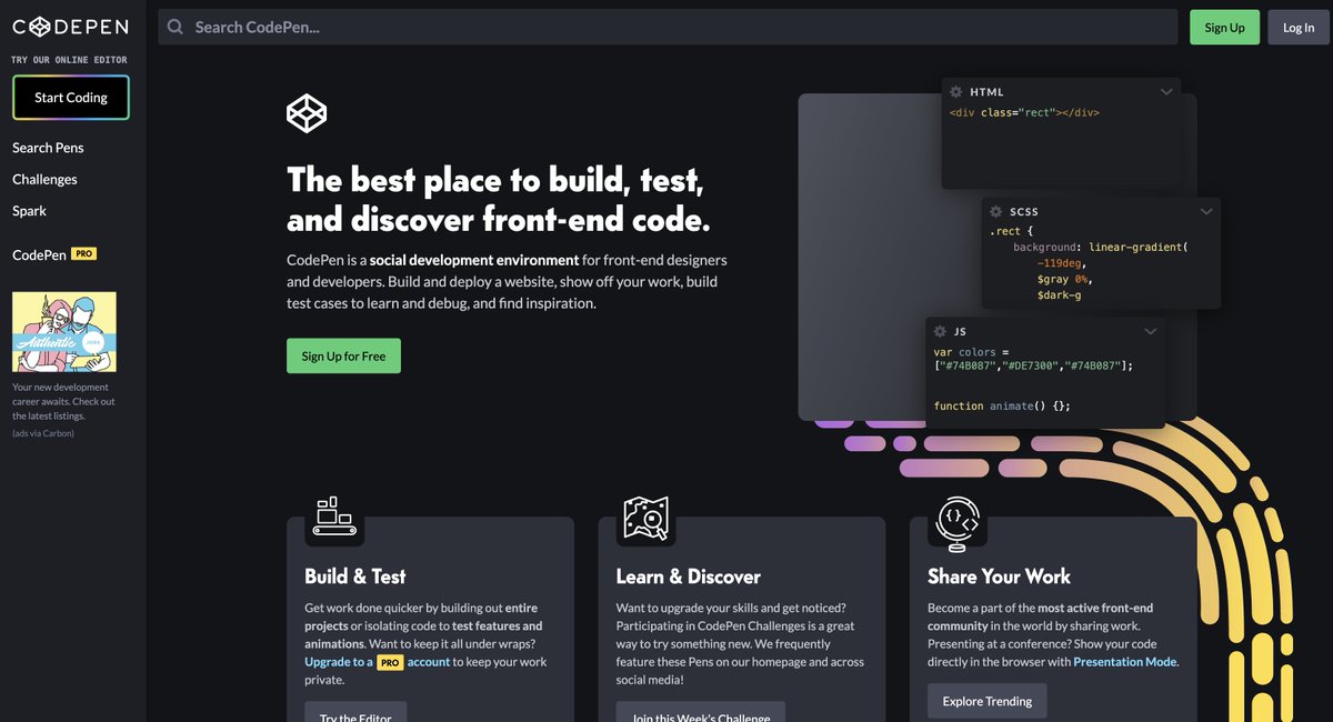 wataru_will's tweet image. コーダーだったら使っている人も多いかもしれないけど、【CodePen】はかなり重宝します。

ブラウザ上にてHTML、CSS、JavaScriptのコードを記述して、リアルタイムで表示を確認することができる！

ソースコードを保存する時に便利なツールです。