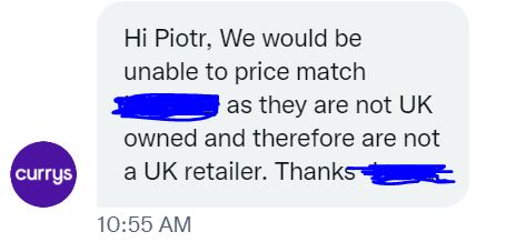 piotrbartkowiak's tweet photo. Anyone planning on requesting Price Match from @currys @CurrysServices remember if the company sells directly to customers in UK via own Website and their own Retail Stores that's not enough. You have to prove their owners Nationality https://t.co/ZqxO60bFcH