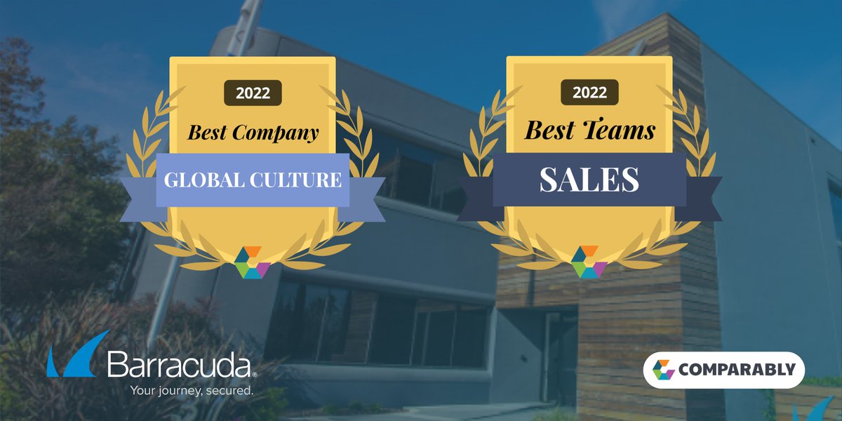 barracuda's tweet photo. Honored that Barracuda has been recognized with two additional awards from @Comparably for Best Global Company Culture and Best Sales Team https://t.co/qbqKugquIZ #CudaLife #WorkplaceCulture https://t.co/CqrCDGFtdX