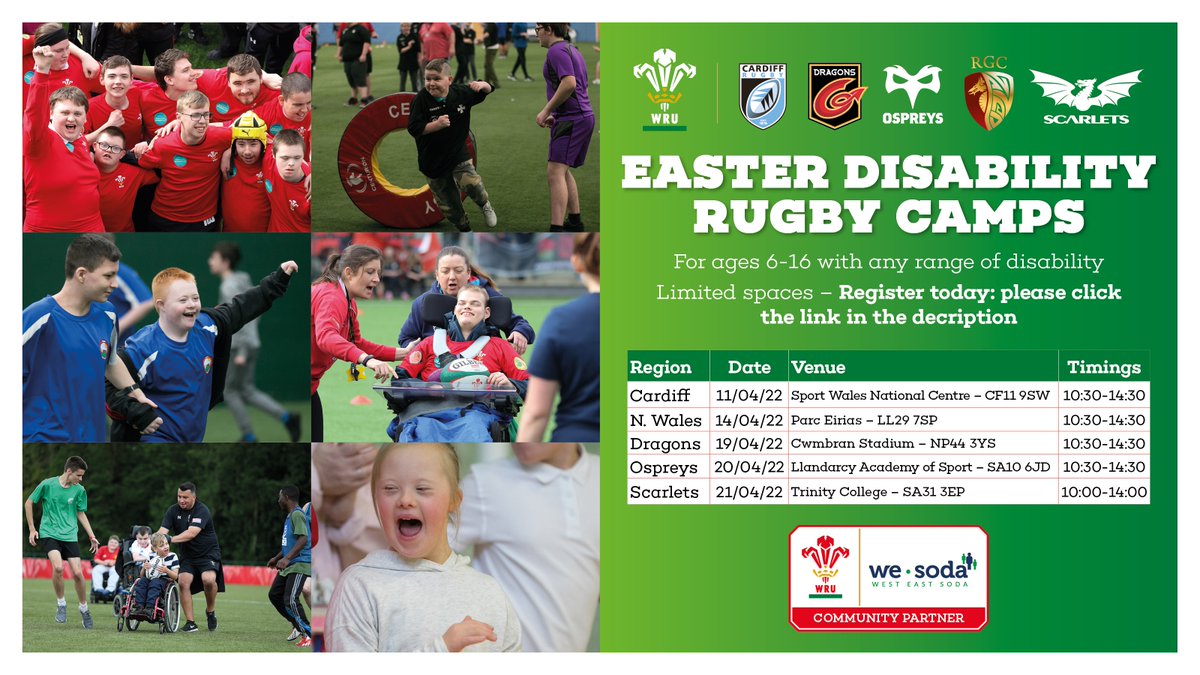 dragonsrfc's tweet photo. 🏉 COMMUNITY | The @WelshRugbyUnion Easter Disability Rugby Camps are back and you can register now! 🙌

The camps cover all ALN and disabilities and will take place across Wales, throughout April! 👏

Register here ▶️ https://t.co/0CH8TGPEs1

#DragonsFamily🐉 #DisabilityRugby https://t.co/ocSn81CrYt
