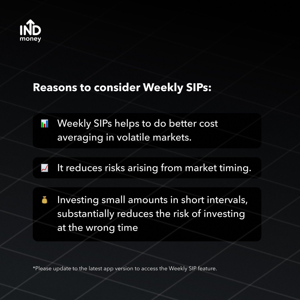 INDmoneyApp's tweet photo. Are these sharp #marketmovements bothering you? We have launched #WeeklySIPs to give you more power to control your #investments 

#SIPinvestment #indmoney https://t.co/uQtXJyh4gr