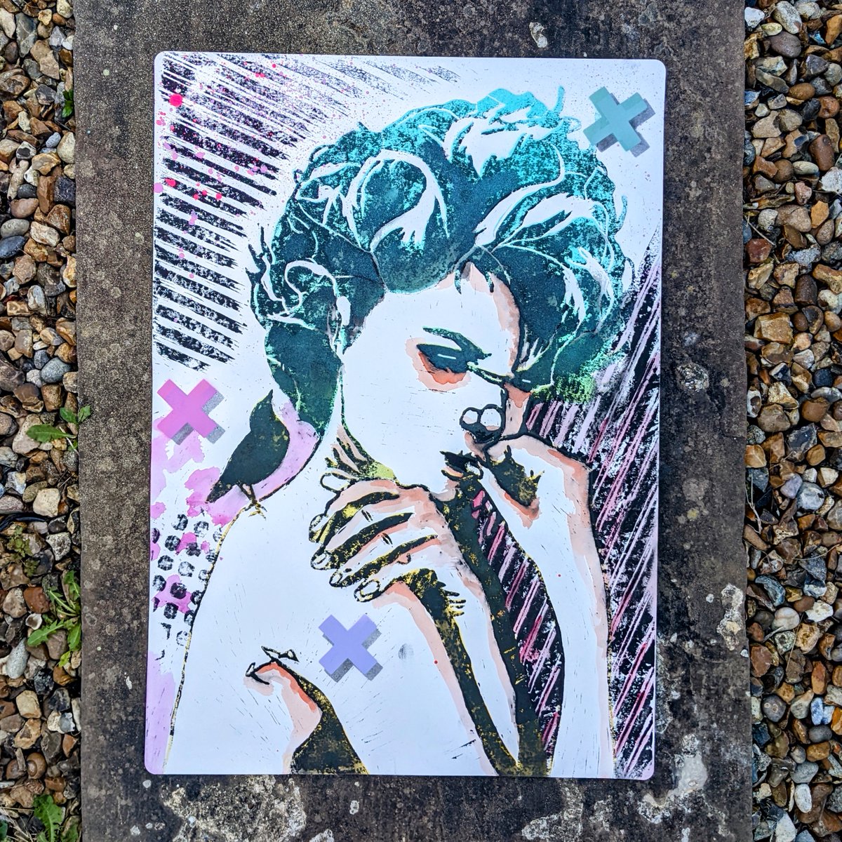 Thisisidiom's tweet photo. Lady Samara Linoleum.

This most mysterious lady is on A2 paper, made using hand cut lino print, ink, paint pen, watercolour, spray paint &amp; imagination. Find her in our shop or slide into our DM's

#linocut #street #urban #art #graffiti #stencil #ink #print #thisisidiom #woman https://t.co/Qg9VIwlMvf
