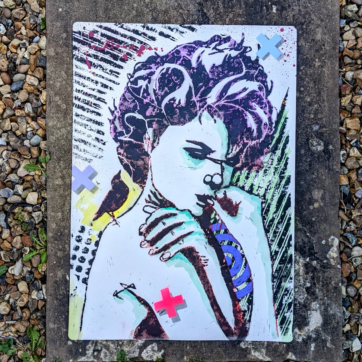 Thisisidiom's tweet photo. Lady Samara Linoleum.

This most mysterious lady is on A2 paper, made using hand cut lino print, ink, paint pen, watercolour, spray paint &amp; imagination. Find her in our shop or slide into our DM's

#linocut #street #urban #art #graffiti #stencil #ink #print #thisisidiom #woman https://t.co/Qg9VIwlMvf