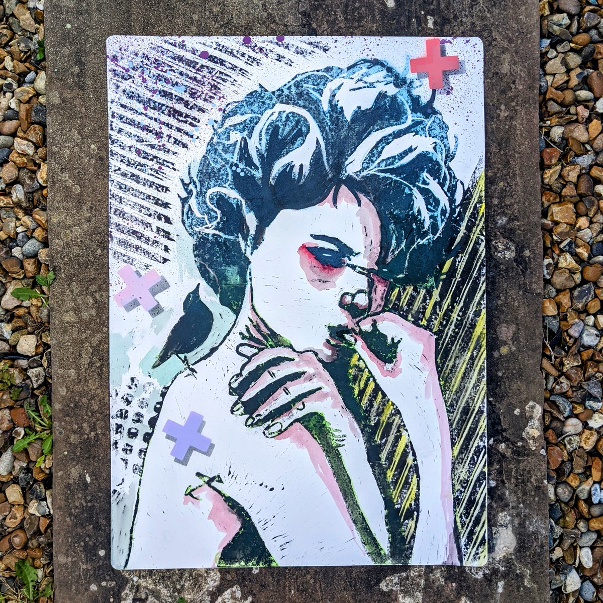 Thisisidiom's tweet photo. Lady Samara Linoleum.

This most mysterious lady is on A2 paper, made using hand cut lino print, ink, paint pen, watercolour, spray paint &amp; imagination. Find her in our shop or slide into our DM's

#linocut #street #urban #art #graffiti #stencil #ink #print #thisisidiom #woman https://t.co/Qg9VIwlMvf