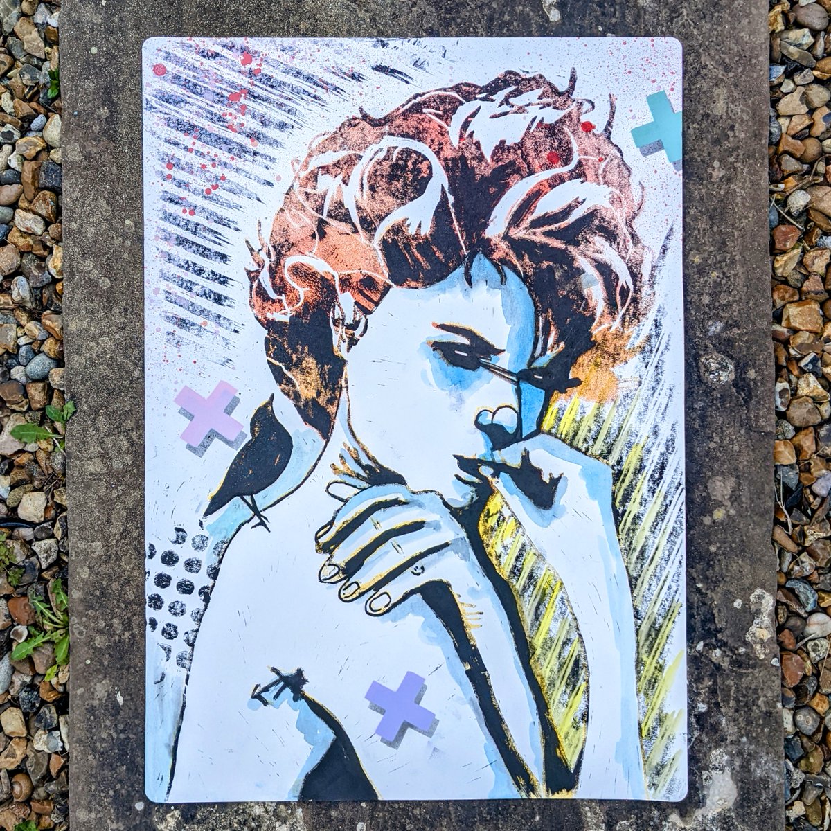 Thisisidiom's tweet photo. Lady Samara Linoleum.

This most mysterious lady is on A2 paper, made using hand cut lino print, ink, paint pen, watercolour, spray paint &amp; imagination. Find her in our shop or slide into our DM's

#linocut #street #urban #art #graffiti #stencil #ink #print #thisisidiom #woman https://t.co/Qg9VIwlMvf