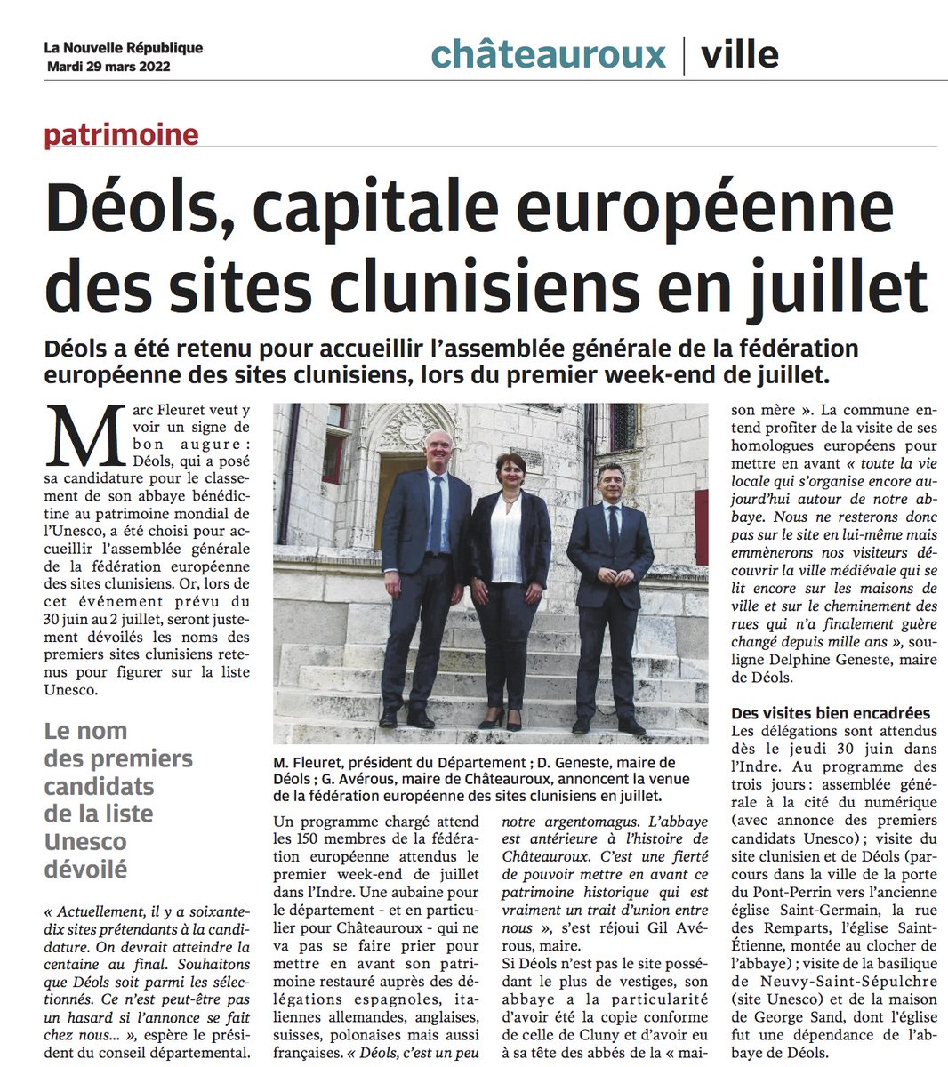 Rencontres Européennes d'été 2022 des <a href="/SitesClunisiens/">Sites Clunisiens</a> : assemblée générale, assises Patrimoine mondial et découverte d'un patrimoine prestigieux les 1 et 2 juillet à <a href="/Chateauroux36/">Châteauroux Métropole</a> et Déols (Indre, France).