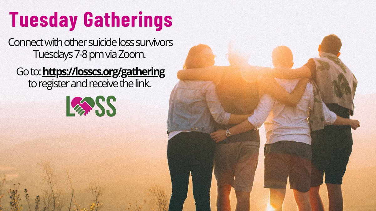 LOSS_CS_'s tweet image. Join LOSS tomorrow evening for a Gathering. Tomorrow’s discussion is "Resources." Register for a link that's good all year: losscs.org/gathering

#SupportGroup #SuicideLoss #SuicideLossGrief #TuesdayGathering #SuicidePostvention #LossCS