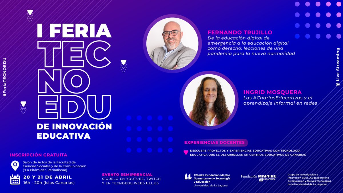 🟣💻Les presentamos la "I #FeriaTECNOEDU de Innovación Educativa"  un evento donde docentes escolares de Canarias compartirán sus proyectos con tecnología🤩

Más información en🔻tecnoedu.webs.ull.es 
<a href="/ULL/">Universidad de La Laguna</a> @fmguanarteme <a href="/ecoescuela20/">Eco Escuela 2.0</a> <a href="/FacultadEducUll/">Facultad de Educación ULL</a> <a href="/ULPGC/">ULPGC</a> <a href="/fg_ull/">FundaciónGeneral ULL</a> <a href="/CienciaULL/">Cienci@ULL</a>