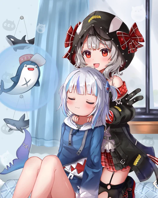 サメちゃんの肩を揉むクロヱ
 #さかまた飼育日記 #gawrt 