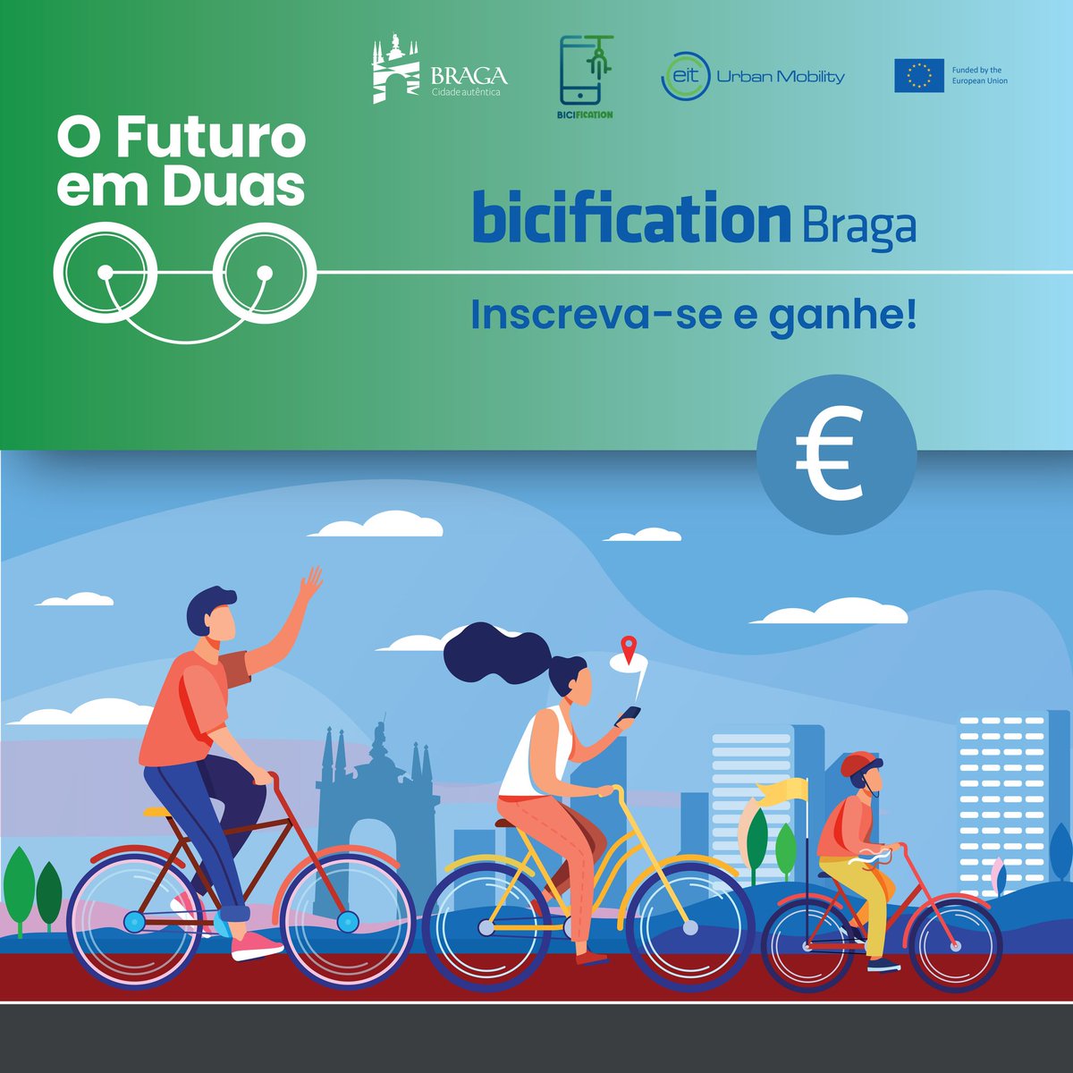 CM_Braga's tweet photo. 🚲#Bicification - O Futuro em Duas Rodas
Ande de bicicleta e acumule dinheiro para gastar no comércio local. Se pretende participar no projecto (limite 500 utilizadores) preencha o formulário https://t.co/B9SmFMH2Zd.
Financiado pelo @EITUrbanMob
+ Info https://t.co/CL5hhyz59U https://t.co/ywuSOvPxF6