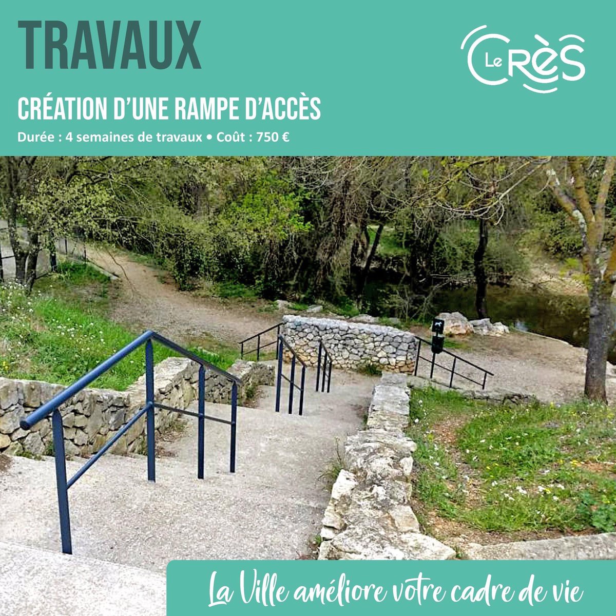 villelecres's tweet photo. 🧓🧒👪 Pour faciliter l'accessibilité de tous aux rives du Salaison, la Ville a fait installer une rampe d'accès intégralement fabriquée, posée et peinte en régie, par les Services techniques municipaux. ​👷‍​🚧​
#accessibilité #salaison #lecres #piéton #promenadepleinenature https://t.co/DJWpqEflZ6