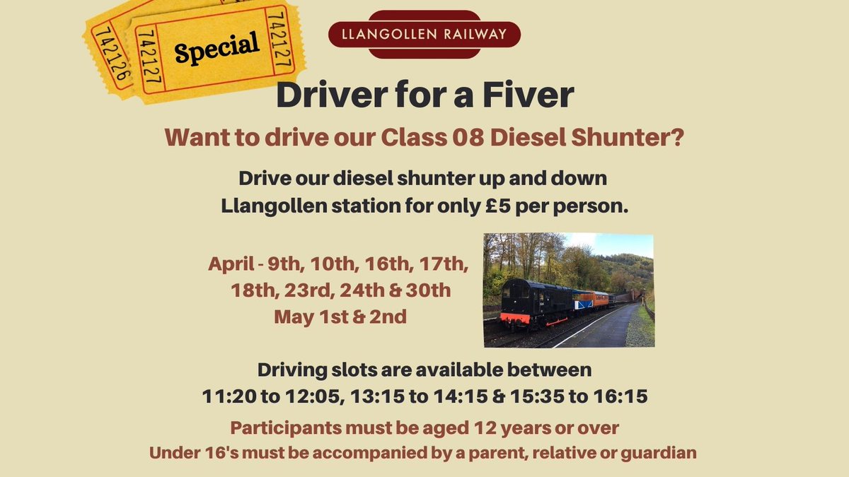 With Driver for a Fiver you can combine your visit to Llangollen Railway with a short drive of our Class 08 Diesel Shunter and drive up and down Llangollen Station for £5. Tickets can be purchased at Llangollen Station on the day. #heritagerailway #visitwales #familyfun