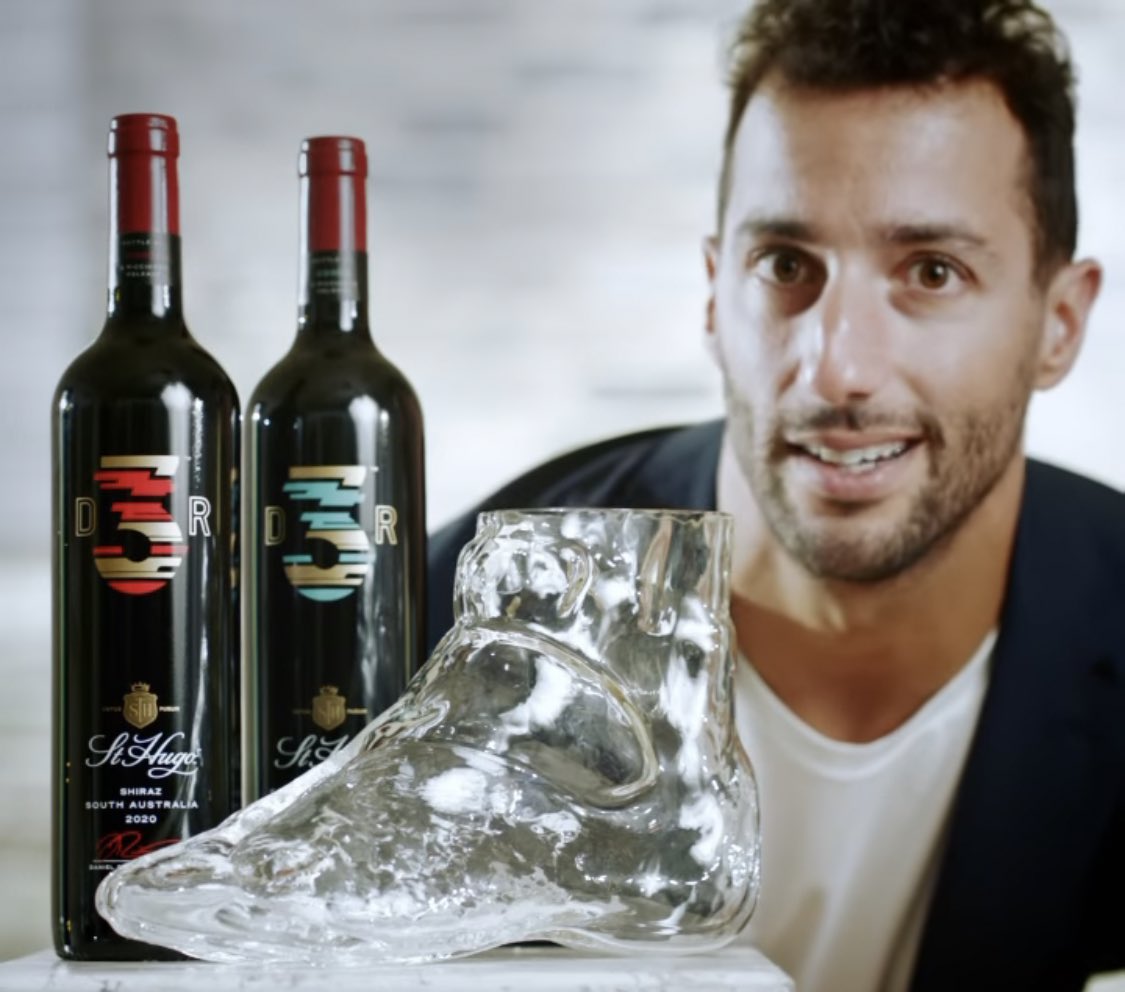 ESPNF1's tweet image. Of course Daniel Ricciardo is selling a boot-shaped decanter with his new range of wine 😅🍷
