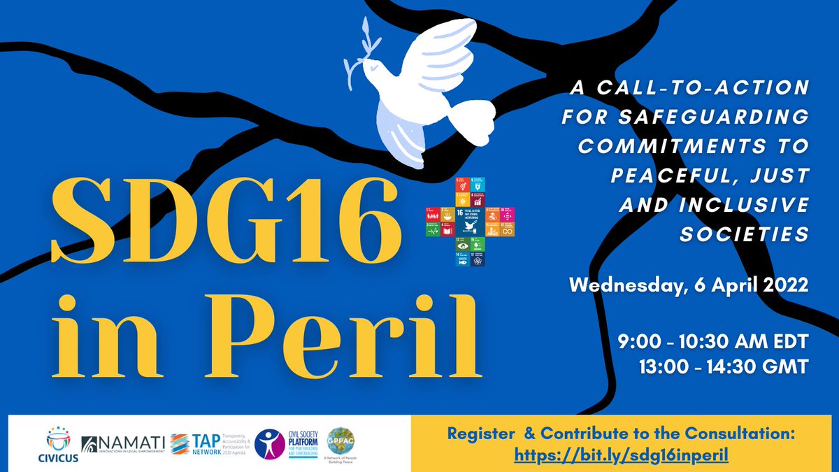 idps_cspps's tweet photo. Happening this Wednesday! Did you register?
Join us for “SDG16+ in Peril”, an interactive workshop to discuss #civilsociety’s priorities for the international community to double down on efforts for #SDG16+
Register here: https://t.co/qTOp0WRNY1
#ActOnSdg16+ #RomeDeclaration https://t.co/WUFoaCWn0S