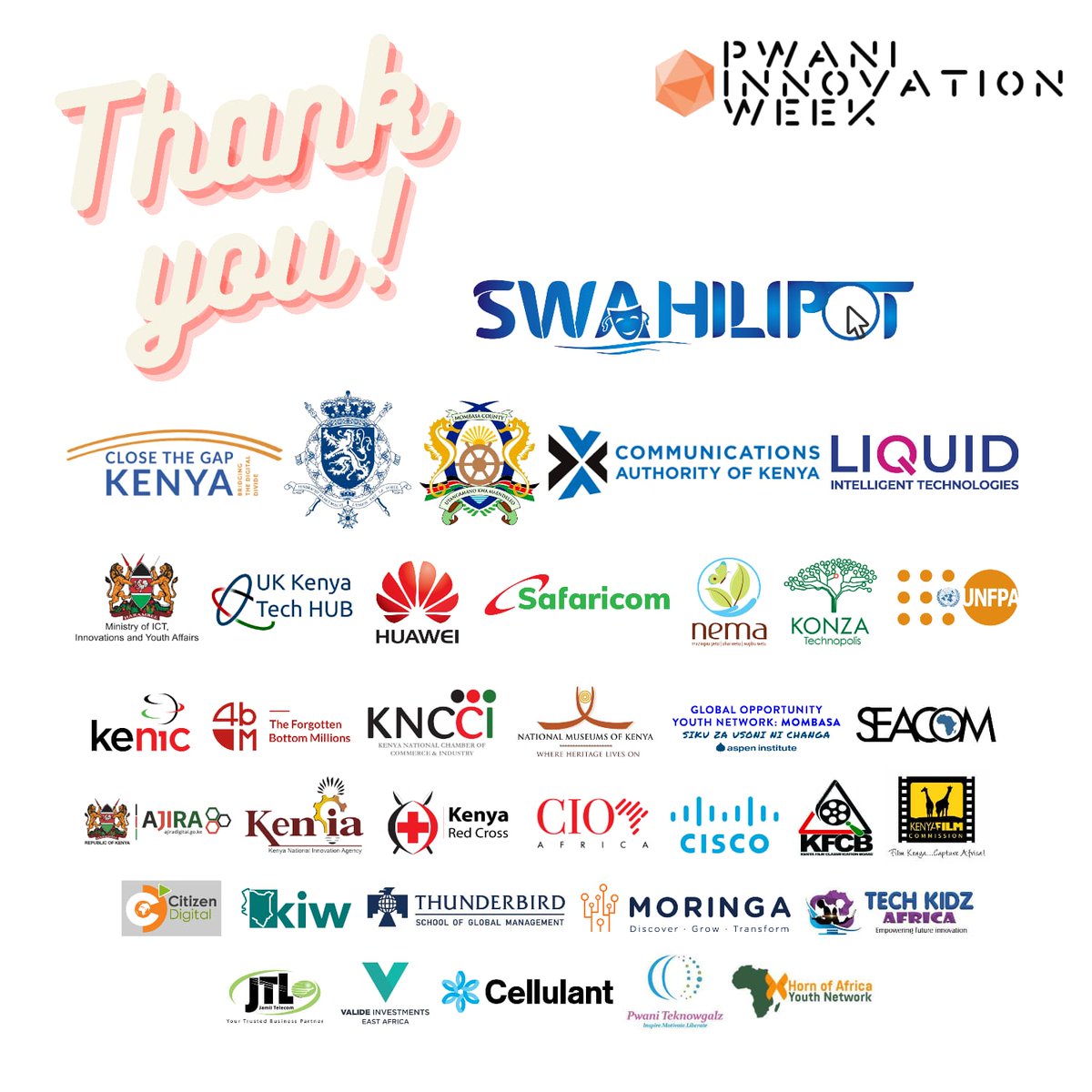 Pwani Innovation Week (@pwaniinnovation) on Twitter photo Thank You!
We'd like to thank all our sponsors, community partners, speakers, panelists, volunteers, organising team and participants who joined us from all over the world for making our third #PIW2022 a success.
See you next year at #PwaniinnovationWeek
<a href="/CTG_Kenya/">Close the Gap Kenya</a> <a href="/CA_Kenya/">Communications Authority of Kenya (CA)</a> Thank You!
We'd like to thank all our sponsors, community partners, speakers, panelists, volunteers, organising team and participants who joined us from all over the world for making our third #PIW2022 a success.
See you next year at #PwaniinnovationWeek
<a href="/CTG_Kenya/">Close the Gap Kenya</a> <a href="/CA_Kenya/">Communications Authority of Kenya (CA)</a>