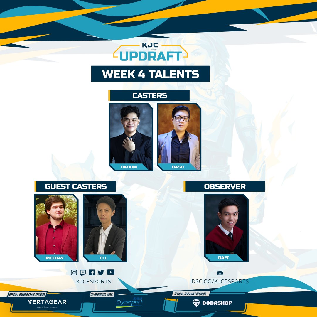 ⏫KJC Updraft Week 4 : TALENT LINE UP⏫

Our tournament wouldn't be this exciting without these amazing &amp; talented people.

🎙𝘊𝘈𝘚𝘛𝘌𝘙𝘚:
🔹<a href="/mattdadum/">Dadum</a>  
🔹<a href="/DashCasts_/">Dash</a> 

🎙𝘎𝘜𝘌𝘚𝘛𝘚 𝘊𝘈𝘚𝘛𝘌𝘙𝘚
🔹@EllCasts
🔹<a href="/Itsa_Meekay/">ItsaMeekay</a>

📹𝘖𝘉𝘚𝘌𝘙𝘝𝘌𝘙
🔹@rafielvalencia 

#VALORANT