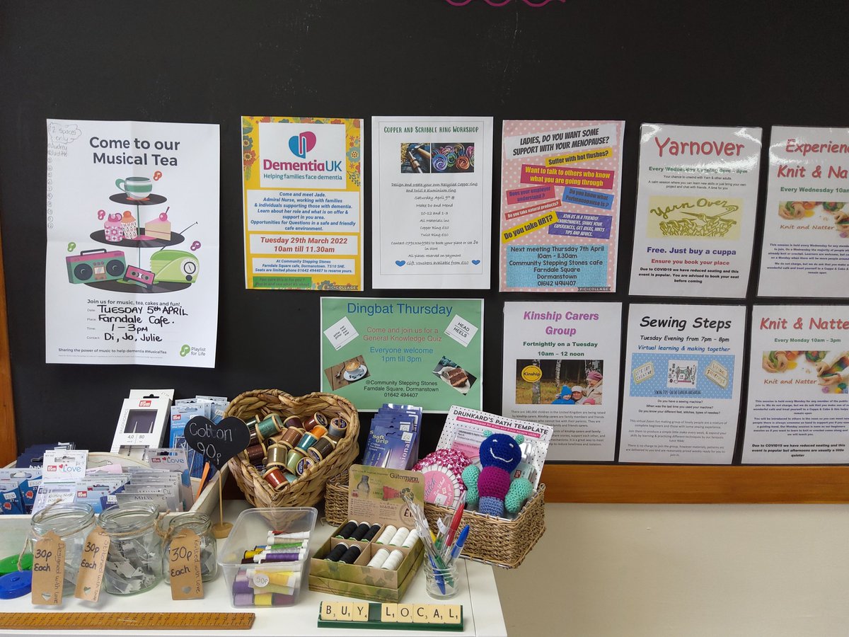Busy week ahead, knitt and natter today planning for jubilee, kinship carers here tomorrow morning, creating playlists for those with Dementia tomorrow afternoon. Support with perimenopause on Thursday morning. All welcome. #redcar #communityengagement #menopause #farndalecafe