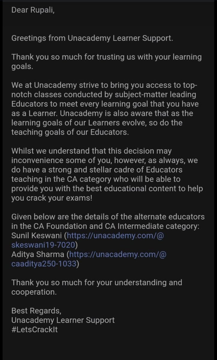 Gupta_y11's tweet photo. Unacceptable decision taken by unacademy - terminating the teachers during mid of session where syllabus are needed to be completed and now suggesting to change the educator. What about our time,efforts of past couple of months.
@TeamUnacademy
@dpradhanbjp https://t.co/jYBRMCKqP0