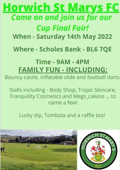 Come on down for a day of family fun and CPL Cup Final Matches 

#CPL #CupFinal #ScholesBank
#HorwichStMarysFC