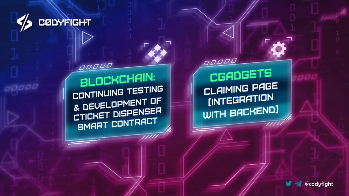 codyfight's tweet image. Part 2 of the weekly plan focuses more on the dev side of things 🤓

🐞 back-end integration for the CGadgets claiming page
🚀 Further development &amp;amp; testing of the CTicket Dispenser

#Metaverse #NFT #NFTgame $CTOK #GameFi