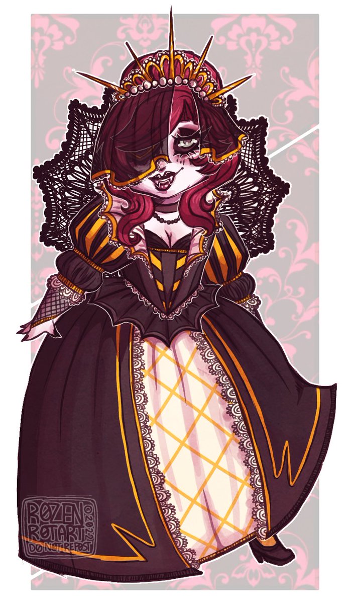 RozenRotArt's tweet photo. Chibi of my fanwalker, Elisaveta in her look from when she was trapped in Torrazon on Ixalan... Outfit is based on a portrait of Queen Elizabeth I then massively vampi-fied.

#DigitalArt #OriginalArt #Fanwalker #MtG #vampires https://t.co/UQYb5qWdHq