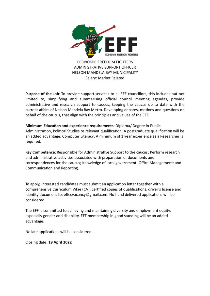 EFFEASTERNCAPE_'s tweet photo. [JOB VACANCY]: The EFF is looking for an Administrative Support Officer in Nelson Mandela Bay Municipality. 

If this is you, apply NOW! #EFFJobs https://t.co/WDfWvuwoOb