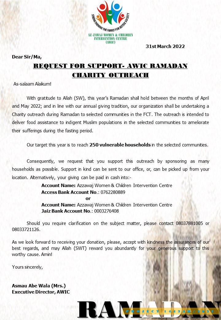 Support our Ramadan Charity Outreach!! Every kobo would surely count in the lives of the target vulnerable population.