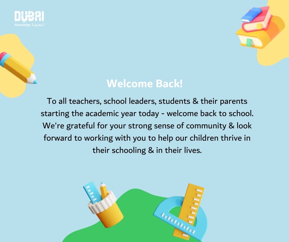 KHDA's tweet photo. To all teachers, school leaders, students &amp; their parents starting the academic year today - welcome back to school. We're grateful for your strong sense of community &amp; look forward to working with you to help our children thrive in their schooling &amp; in their lives https://t.co/e3SZFthDnf