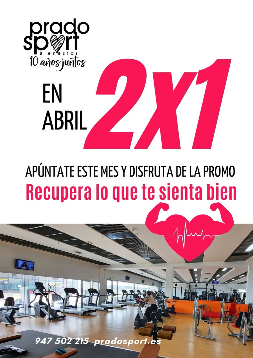 📣CELEBRAMOS EL MES DE LA ACTIVIDAD FÍSICA Y DEL DEPORTE 🔶PROMOCIÓN 2X1 EN ABRIL🔶             
¡RECUPERA LO QUE TE SIENTA BIEN!💪😊
🔸50% de descuento en la inscripción
🔸50% de descuento en  el Abono Prado Sport 
(Sala Fitness, Spa, Piscina y Clases colectivas)