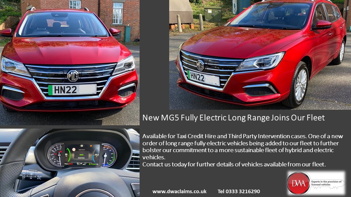 TAXICLAIMASSIST's tweet photo. Another new arrival today, the MG5 fully electric long range.
Available for taxi accident management use and also Insurer Third Party Intervention daily hire.
Contact us on 0333 3216290 for further details.
#electricvehicles #accidentmanagement #replacementvehicles #taxiaccident https://t.co/Cn6Zk227es