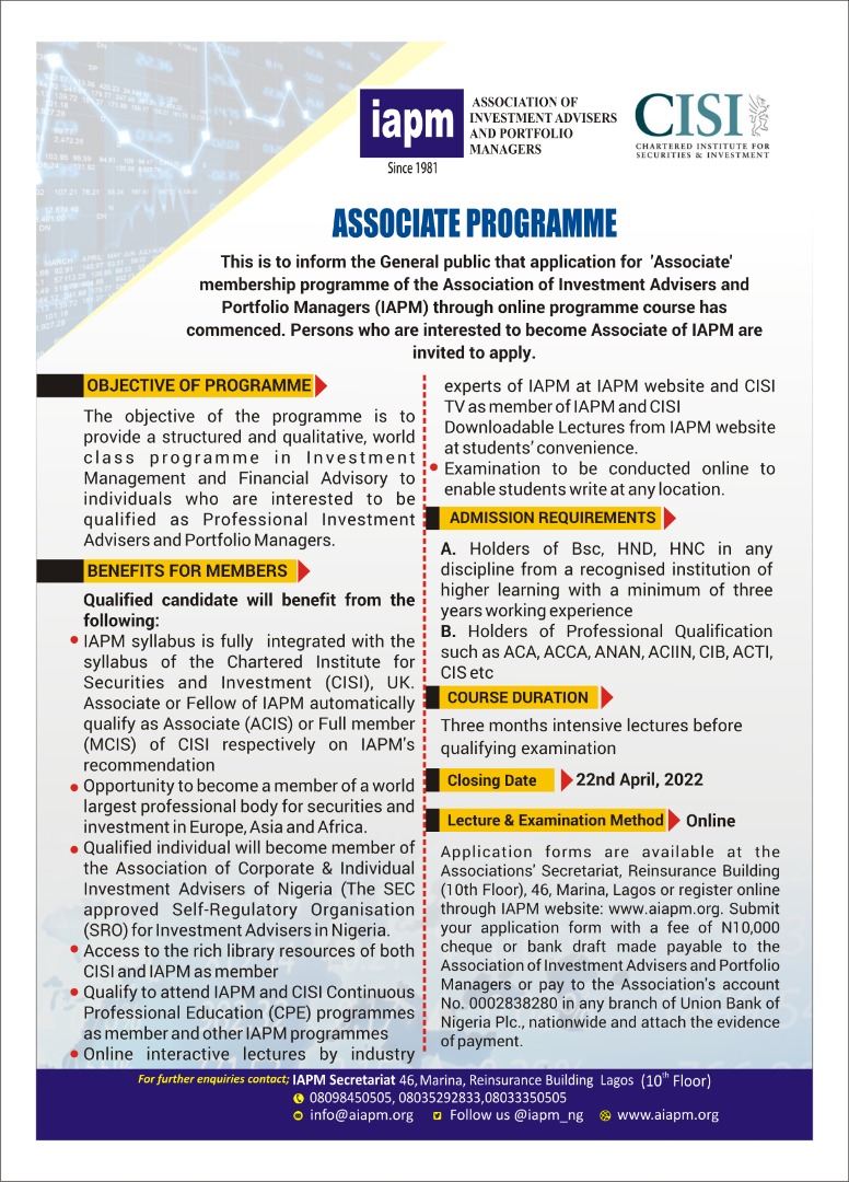 iapm_NG's tweet photo. Only few more days left to apply for Associate Programme of IAPM. 22nd April, 2022 is the closing date. Become Associate of IAPM and automatically qualify as Associate of the Chartered Institute for Securities &amp; Investment (CISI) Uk. For detail info visit: https://t.co/WVma2jNmhV https://t.co/9zmtot0YNq
