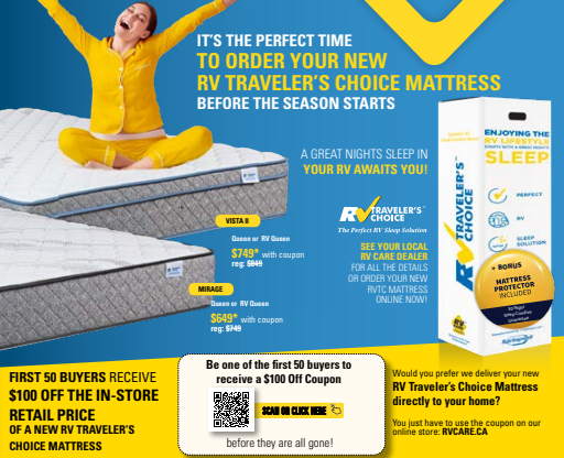 rustonrv's tweet photo. It's the perfect time to purchase a NEW RV Traveler's Choice Mattress for your RV! The first 50 Buyers receive $100 Off the In-Store Retail Price. ⤵️ Scan or click before they are all gone.

https://t.co/WMZ1c1NKM1 https://t.co/1kELce8xtN