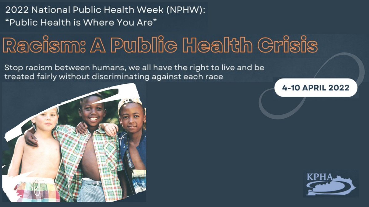 KyPublicHealth's tweet photo. We kick-off Public Health Week by shedding light on racism as a determinant of racial health disparities and identifying solutions to bridge the gap by making healthcare accessible for all.
Racism is a Public Health Crisis - #kpha #publichealthweek #nphw https://t.co/Kx1dp9rNci https://t.co/B9e30LCbLF