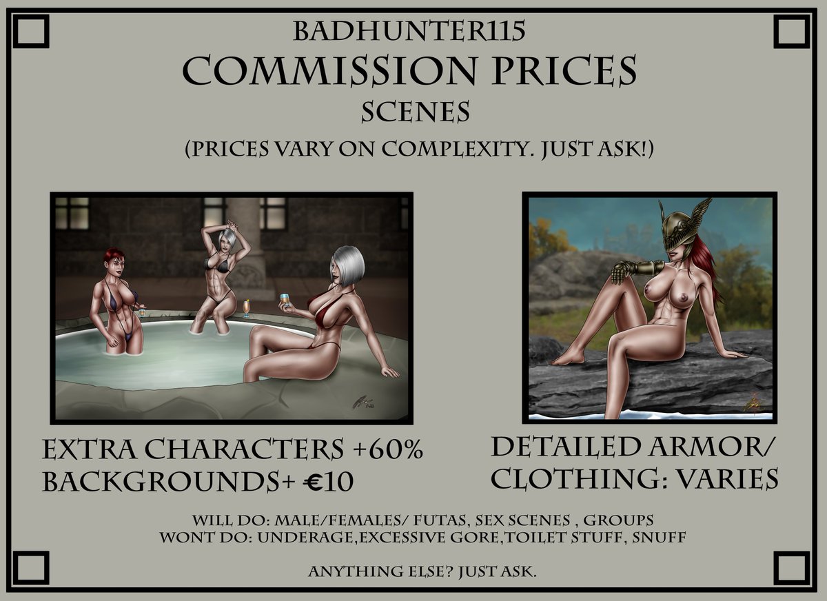 BadHunter115's tweet photo. Commissions are back on the menu, boys!
likes and RTs are guaranteed to increase happiness by 300%
#badhunter #commissionsopen #nsfwartist #ArtistOnTwitter #fanart #OC #smutnetwork https://t.co/4kNWTNhoym