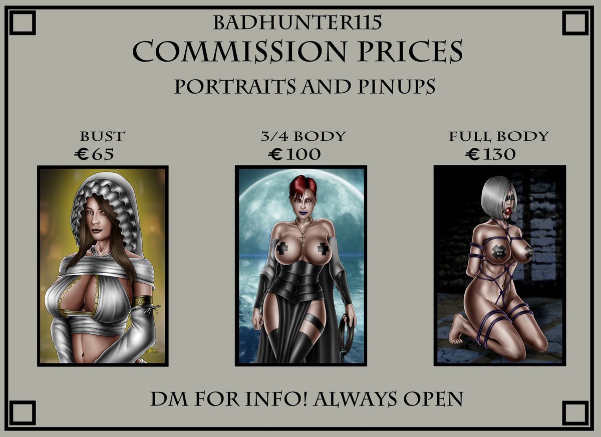 BadHunter115's tweet photo. Commissions are back on the menu, boys!
likes and RTs are guaranteed to increase happiness by 300%
#badhunter #commissionsopen #nsfwartist #ArtistOnTwitter #fanart #OC #smutnetwork https://t.co/4kNWTNhoym