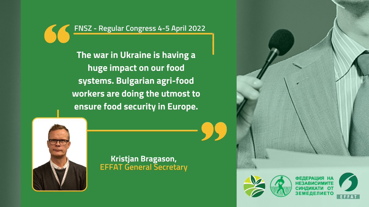 EFFAT_org's tweet photo. Good Luck to #FNSZ, our 🇧🇬 affiliates in the agriculture sector now holding their Congress!
Our @EFFAT_GS words today on the importance of our colleagues' work to ensure food security amid the War in 🇺🇦. https://t.co/ALyCwNCbyp