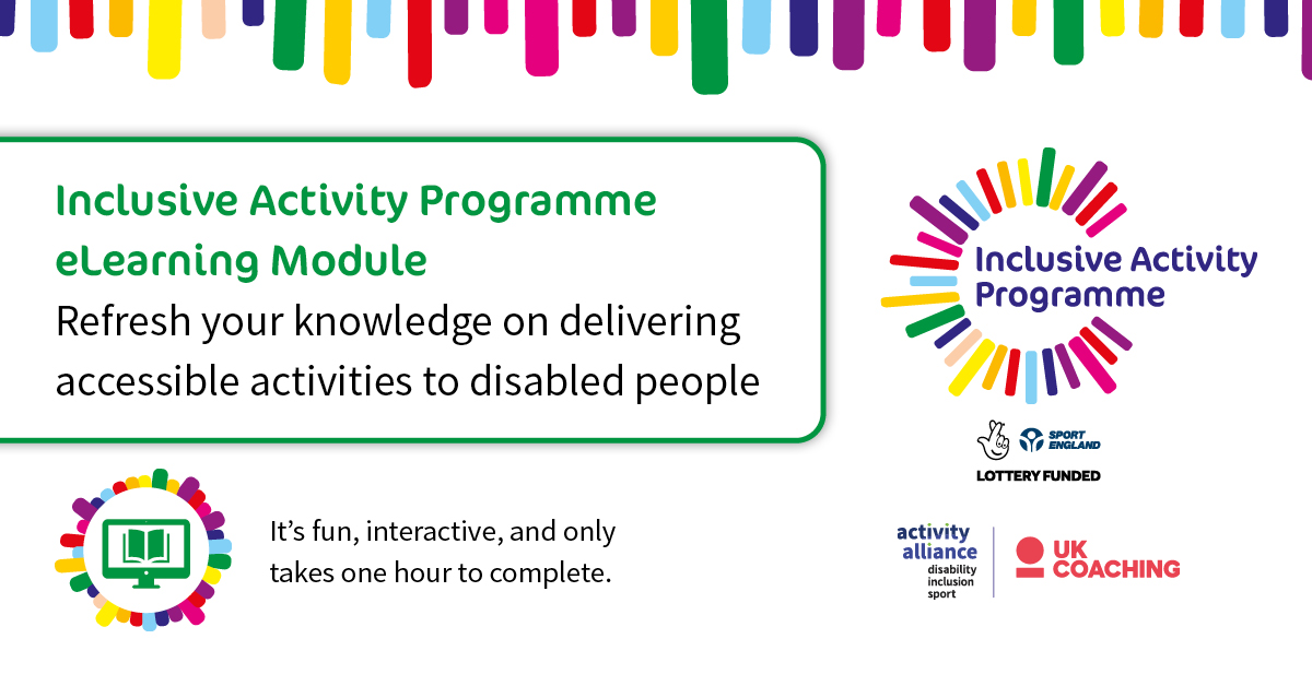 AllForActivity's tweet photo. Refresh your knowledge on delivering accessible activities to disabled people with our Inclusive Activity Programme eLearning Module. It's fun, interactive, and only takes one hour to complete. Follow link to access module: https://t.co/uMmQc9Gy4J #InclusiveActivity https://t.co/GuVTqf04Wp
