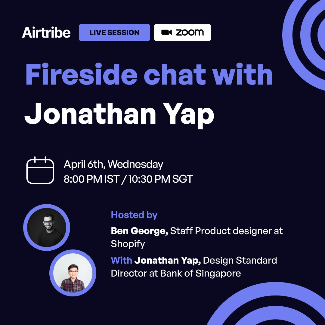 Airtribe on Twitter: "📢 FREE LIVE SESSION 📢 @uxbengeorge will be hosting  @yapjonathan for a Fireside chat where the conversation will revolve around  design hiring, the importance of pay transparency, evaluating offers,