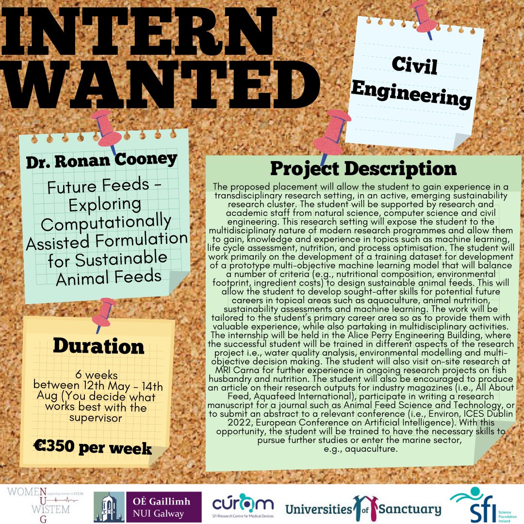 FAO undergraduates and underrepresented students! Are you interested in a summer internship in #STEM #research looking at sustainable feeds using machine learning? 💻🐟🌽♻️ 
Applications through: wistem.socs.ie/internship-app…
Deadline is the 11th of April
<a href="/wistemnuig/">WiSTEMNUIG</a>