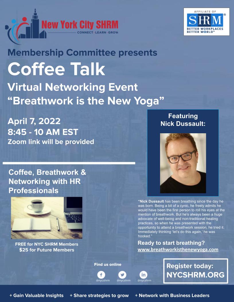 NYCSHRM's tweet photo. April 7 at 8:45 am - Coffee Talk #NYCSHRM Virtual Membership Networking Event #hrcommunity #networking #virtualHR  https://t.co/V4ijjPxEwT via ^VH https://t.co/ARxoOIANKO