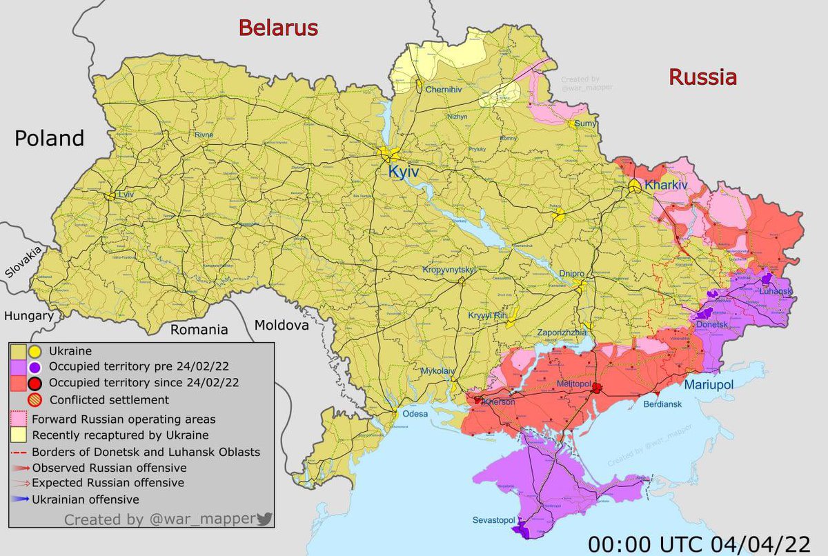 TarasBerezovets's tweet photo. Реальная карта войны в Украине по состоянию на 3 апреля. Освобождены значительные территории на севере. Основаная борьба перемещается на Донбасс. 

#UkraineWar #Donbas #UkraineUnderAttaсk #giveukraineoffensiveweapons #StopPutinNOW https://t.co/8aji0GrVhZ