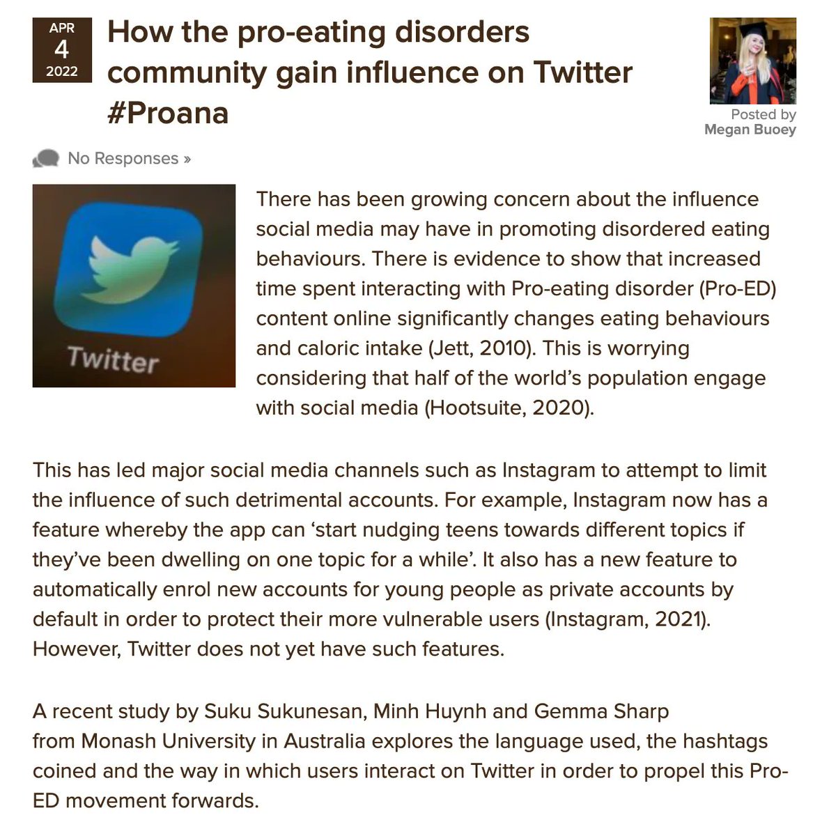 Mental_Elf's tweet photo. Today Megan Buoey summarises a social media study by Suku Sukunesan, Minh Huynh &amp; @gemmasharp11, which explores how pro-eating disorder communities grow on Twitter.
#Proana
https://t.co/EzVlFr2CwF https://t.co/nf2VgFAJ7V