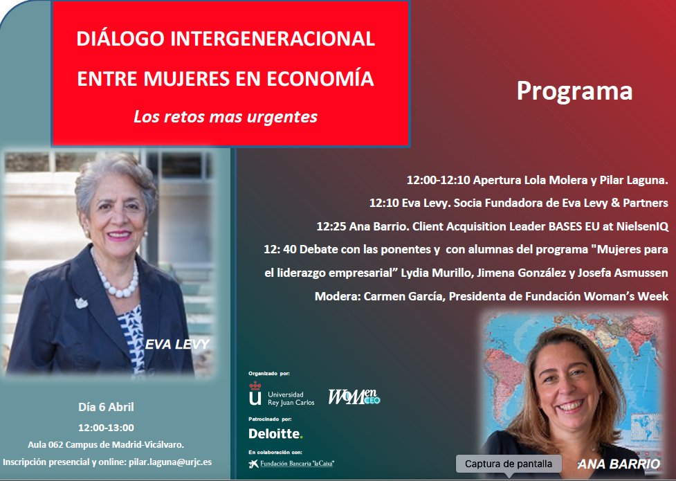 AnaCBarrio's tweet photo. Únete a nosotras el Miércoles en un dialogo intergeneracional sobre #Mujeres en #Economia con 
@womenceo_es en la @urjc. Modera @CarmenGarciaMWW .  También puedes seguirnos online mandando un correo a pilar.laguna@urjc.es https://t.co/skZiagDA8Q