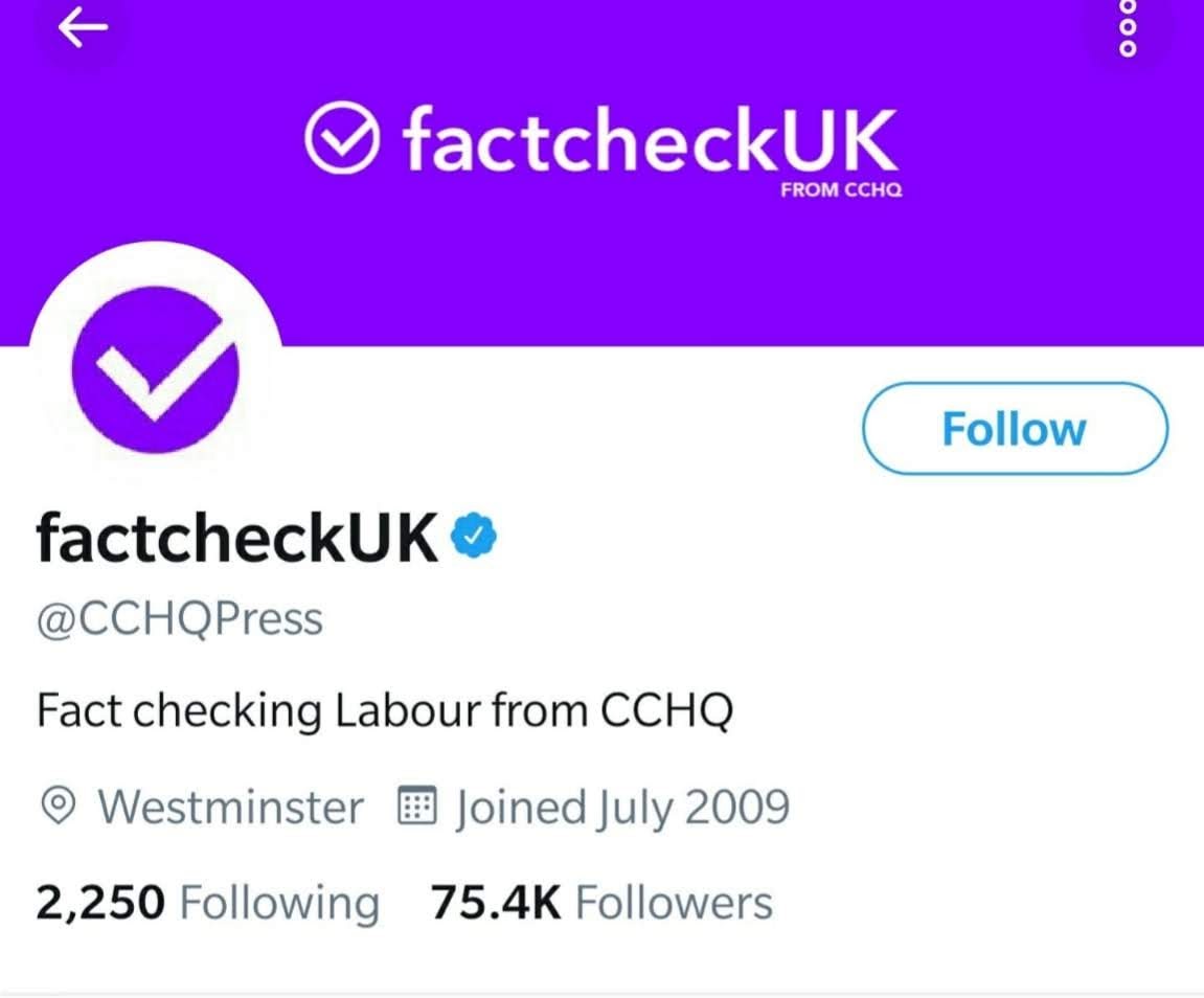 PoliticsMoments's tweet photo. The Conservative Party change their Twitter account into a false factchecking service during the General Election debates (2019) https://t.co/RpXXLQBtPJ
