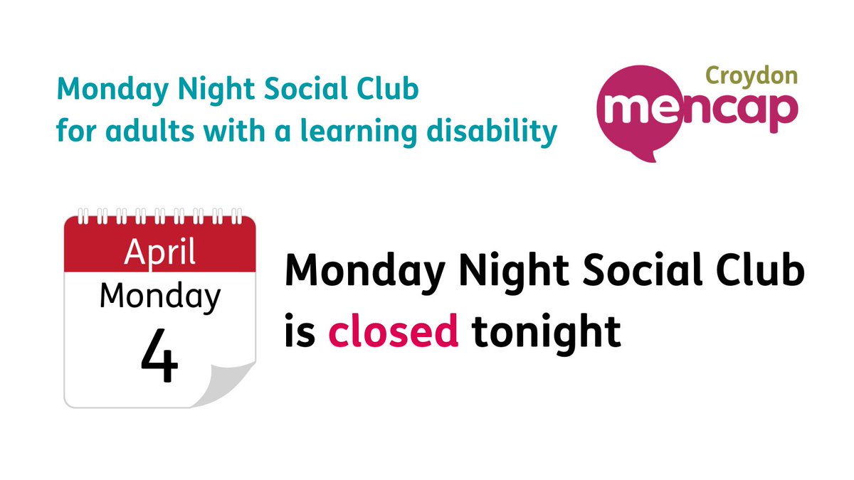 croydonmencap's tweet photo. Unfortunately, due to staff shortage, Monday Night Social Club is closed tonight.
We hope to be open again next Monday, 11 April.
If you have any questions
please contact Abi
π§ abigail@croydonmencap.org.uk
#MondayNightSocialClub
#CroydonMencap
#CroydonTogether https://t.co/Hp2td3KSyl