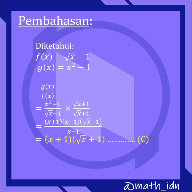 math_idn's tweet photo. Jawaban soal sebelumnya!
.
.
.
#mathidn #matematikadasar #utbk2022 #sbmptn2022 #math #mtk #materiutbk #ugm2022 #undip2022 #ui2022 #simakui2022 #simakui #matematiksaintek https://t.co/gVUxqlShY0