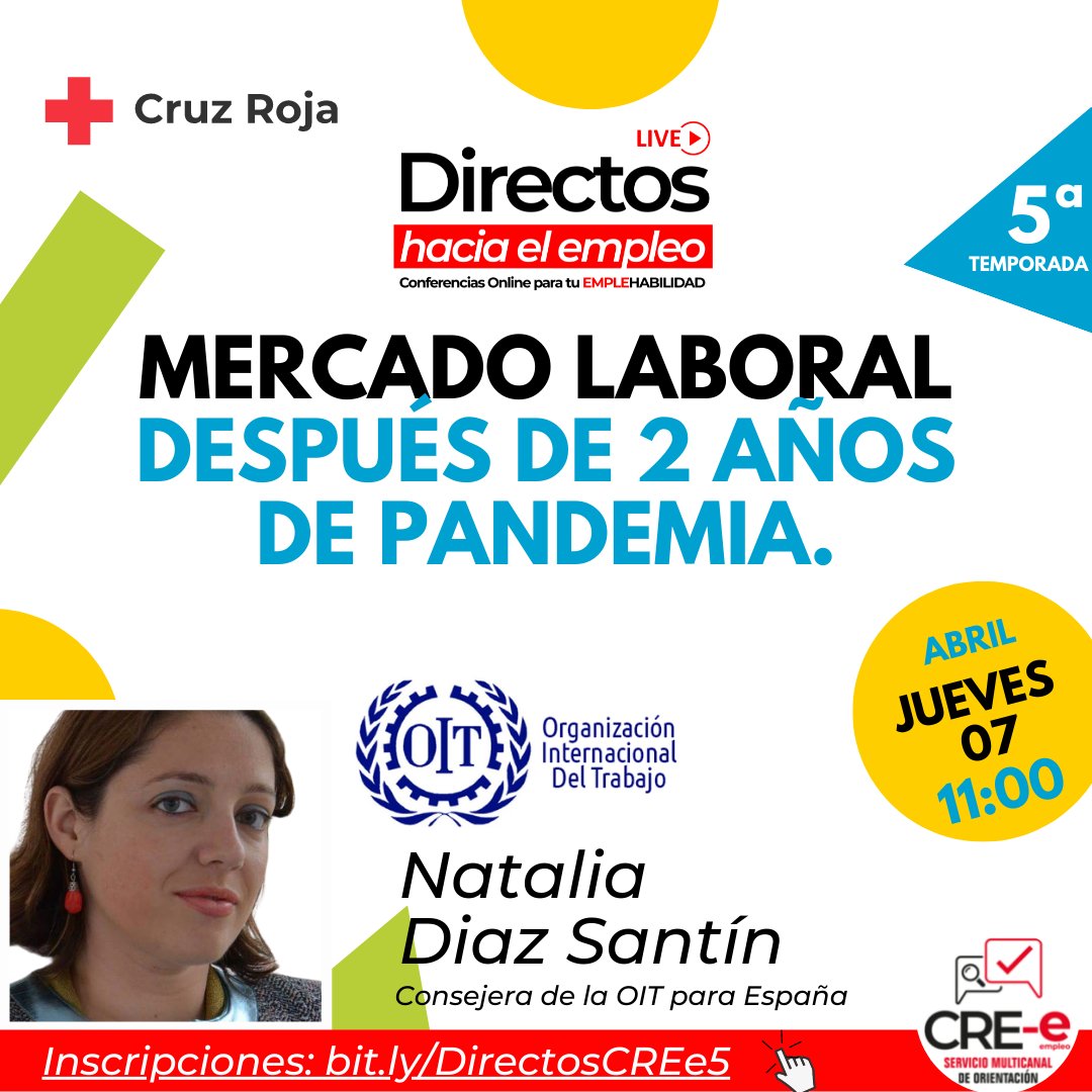 MulticanalCREe's tweet photo. 📺𝗗𝗶𝗿𝗲𝗰𝘁𝗼𝘀 𝗵𝗮𝗰𝗶𝗮 𝗲𝗹 𝗘𝗺𝗽𝗹𝗲𝗼: Mercado laboral después de 2 años de pandemia.
📅 Jueves 7 de abril 11h (pen). 
Con Natalia Diaz Santín @nataliaFHN,consejera de OIT para España @OIT_ES
✒Inscríbete https://t.co/P3FknJ5BFh
#empleo #mercadolaboral #ofertasdeempleo https://t.co/8qIOPD2QC0